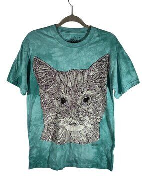The Mountain Cat Face T-Shirt Tie-Dye Teal Small 100% Cotton USA NWT